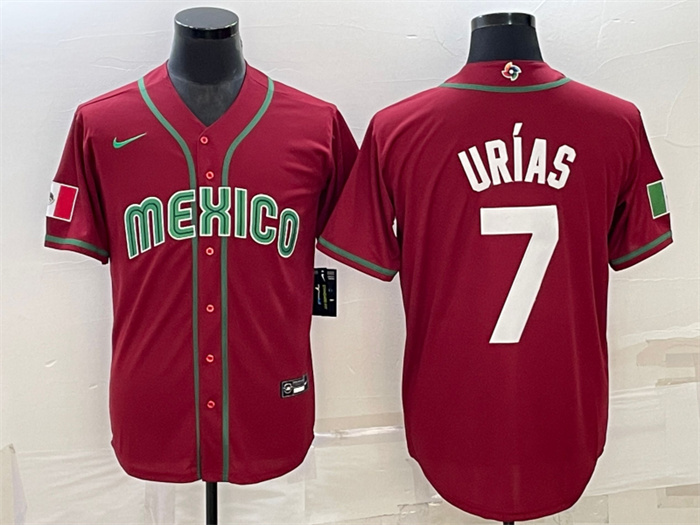 Men's Mexico Baseball #7 Julio Urías 2023 Red World Baseball Classic Replica Stitched Jersey