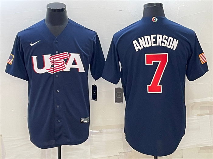 Men's USA Baseball #7 Tim Anderson 2023 Navy World Baseball Classic Replica Stitched Jersey