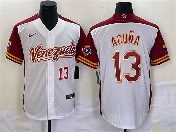 Men's Venezuela Baseball #13 Venezuela Acu?a Jr. 2023 White World Baseball Classic With Patch Stitched Jersey