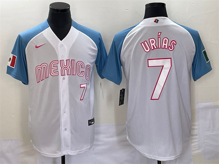 Men's Mexico Baseball #7 Julio Urías 2023 White Blue World Baseball Classic Stitched Jerseys