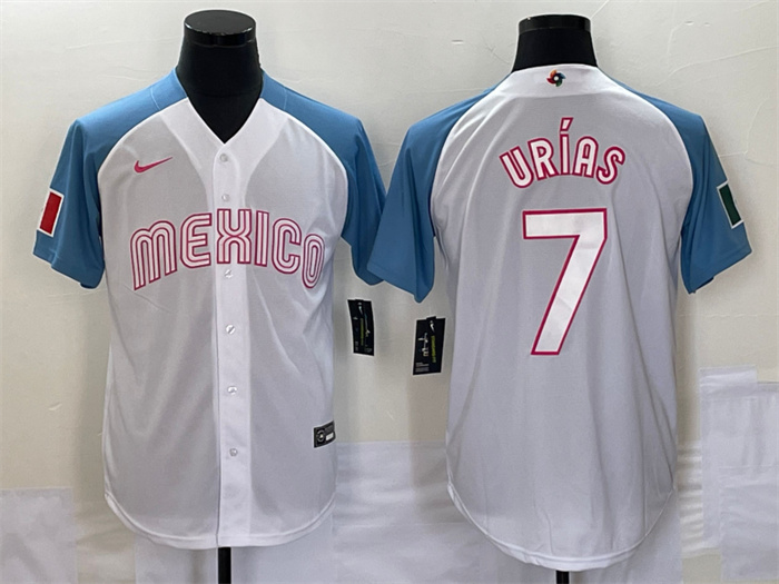 Men's Mexico Baseball #7 Julio Urías 2023 White Blue World Baseball Classic Stitched Jersey