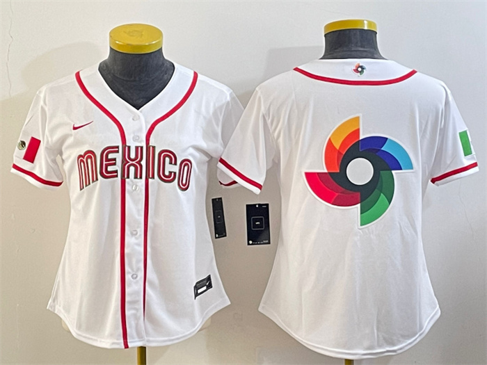 Women's Mexico Baseball 2023 White Big Logo World Baseball Classic Stitched Jersey(Run Small) 3