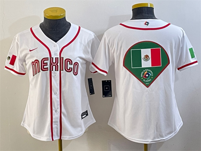 Women's Mexico Baseball 2023 White Big Logo World Baseball Classic Stitched Jersey(Run Small) 1