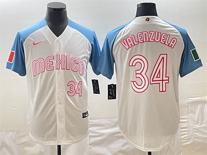 Men's Mexico Baseball #34 Fernando Valenzuela 2023 White Blue World Baseball Classic Stitched Jerseys