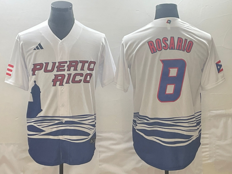 Men's Puerto Rico Baseball #8 Eddie Rosario 2023 White World Baseball Classic Stitched Jersey