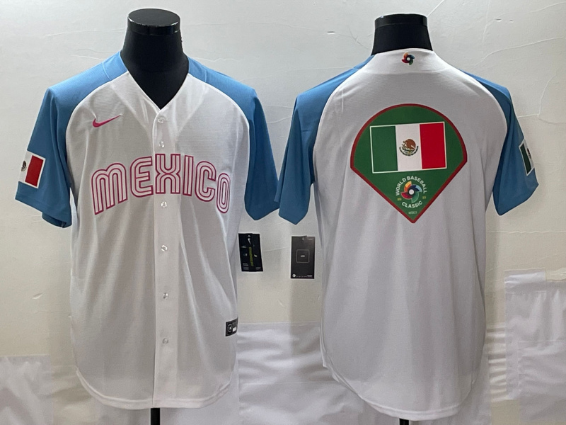 Men's Mexico Baseball 2023 White Blue World Baseball Big Logo Classic Stitched Jersey