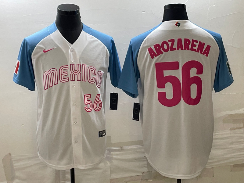 Men's Mexico Baseball #56 Randy Arozarena 2023 White Blue World Baseball Classic Stitched JerseyS 1