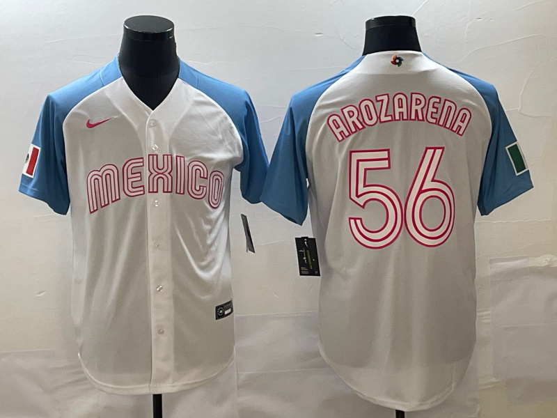 Men's Mexico Baseball #56 Randy Arozarena 2023 White Blue World Baseball Classic Stitched JerseyS