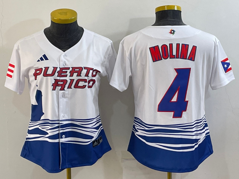 Women's Puerto Rico Baseball #4 Yadier Molina 2023 White World Baseball Classic Stitched Jersey(Run Small)