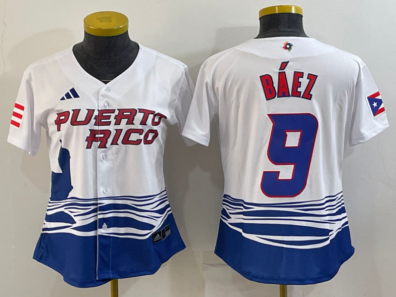 Women's Puerto Rico Baseball #9 Javier Báez 2023 White World Baseball Classic Stitched Jersey(Run Small)