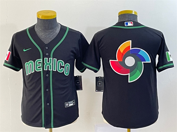 Youth Mexico Baseball 2023 Black Big Logo World Baseball Classic Stitched JerseyS