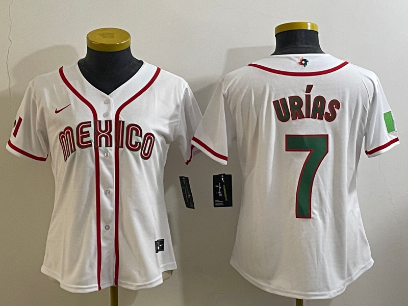 Women's Mexico Baseball #7 Julio Urías 2023 White World Baseball Classic Stitched Jersey(Run Small)