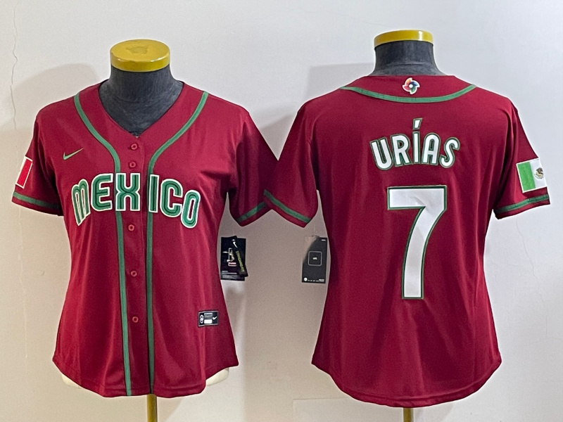 Women's Mexico Baseball #7 Julio Urías 2023 Red World Baseball Classic Stitched Jersey(Run Small)