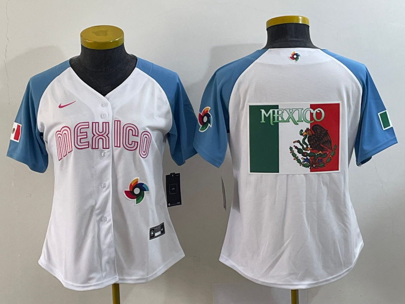 Women's Mexico Baseball 2023 White Blue Big Logo World Baseball Classic With Patch Stitched Jersey(Run Small)