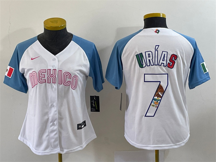 Women's Mexico Baseball #7 Julio Urías 2023 White Blue World Baseball Classic Stitched Jersey(Run Small)