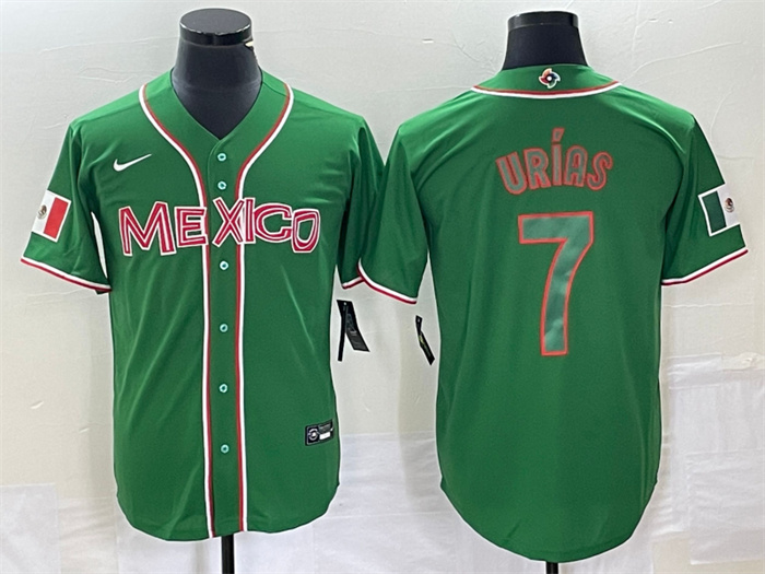 Men's Mexico Baseball #7 Julio Urías 2023 Green World Baseball With Patch Classic Stitched Jersey 1