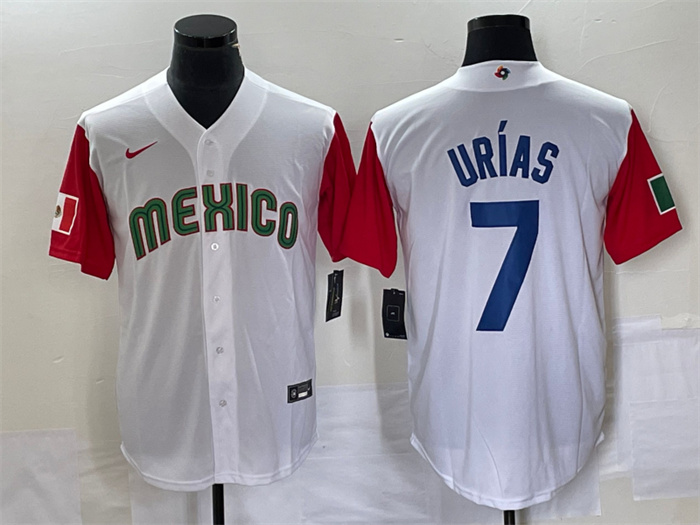 Men's Mexico Baseball #7 Julio Urías 2023 White Red World Baseball With Patch Classic Stitched Jersey 5