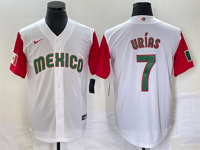 Men's Mexico Baseball #7 Julio Urías 2023 White Red World Baseball With Patch Classic Stitched Jersey