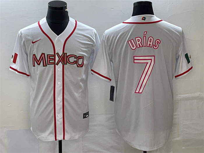 Men's Mexico Baseball #7 Julio Urías 2023 White World Baseball With Patch Classic Stitched Jersey 4