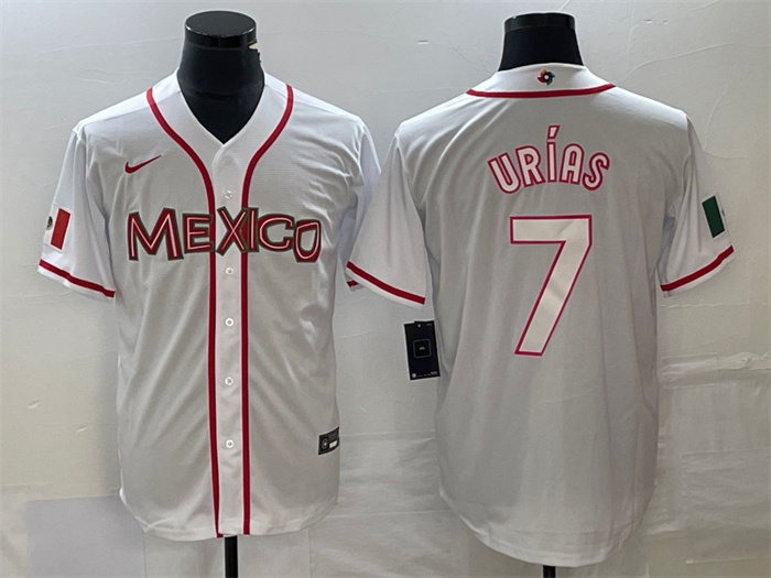 Men's Mexico Baseball #7 Julio Urías 2023 White World Baseball With Patch Classic Stitched Jersey