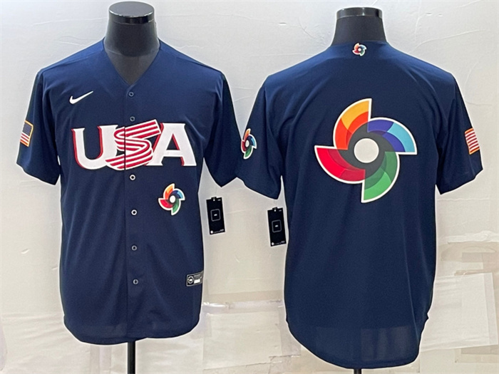 Men's USA Baseball 2023 Navy World Baseball Big Logo With Patch Classic Replica Stitched Jersey