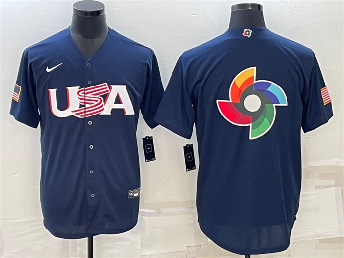 Men's USA Baseball 2023 Navy World Baseball Big Logo Classic Replica Stitched Jersey