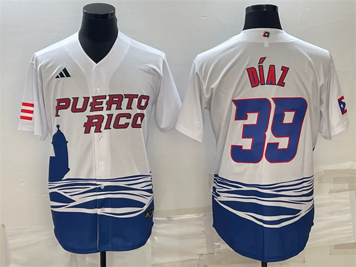 Men's Puerto Rico Baseball #39 Edwin Díaz 2023 White World Baseball Classic Replica Stitched Jersey