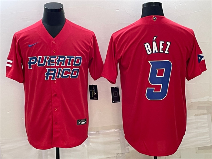 Men's Puerto Rico Baseball #9 Javier Báez 2023 Red World Baseball Classic Replica Stitched Jersey