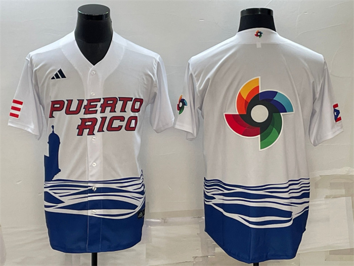 Men's Puerto Rico Baseball 2023 White World Baseball Big Logo With Patch Classic Replica Stitched Jersey