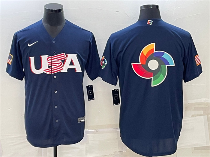 Men's USA Baseball Blank 2023 Navy World Baseball Big Logo With Patch Classic Replica Stitched Jersey