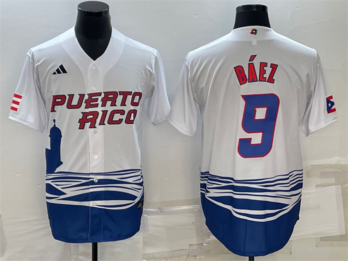 Men's Puerto Rico Baseball #9 Javier Báez 2023 White World Baseball Classic Replica Stitched Jersey