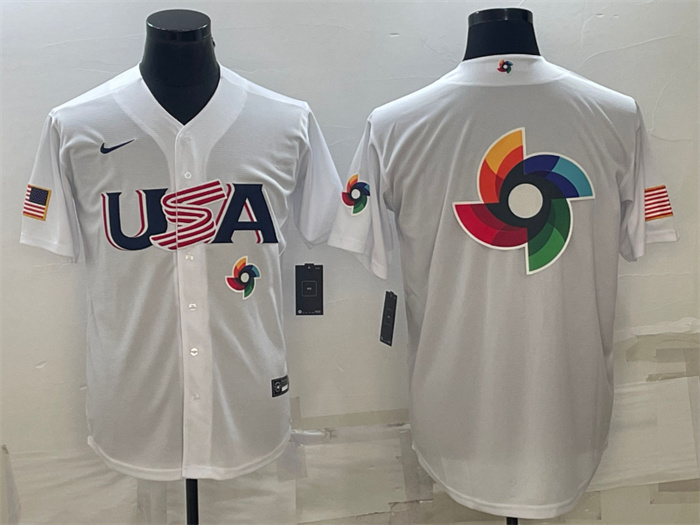 Men's USA Baseball 2023 White World Baseball Big Logo With Patch Classic Replica Stitched Jersey