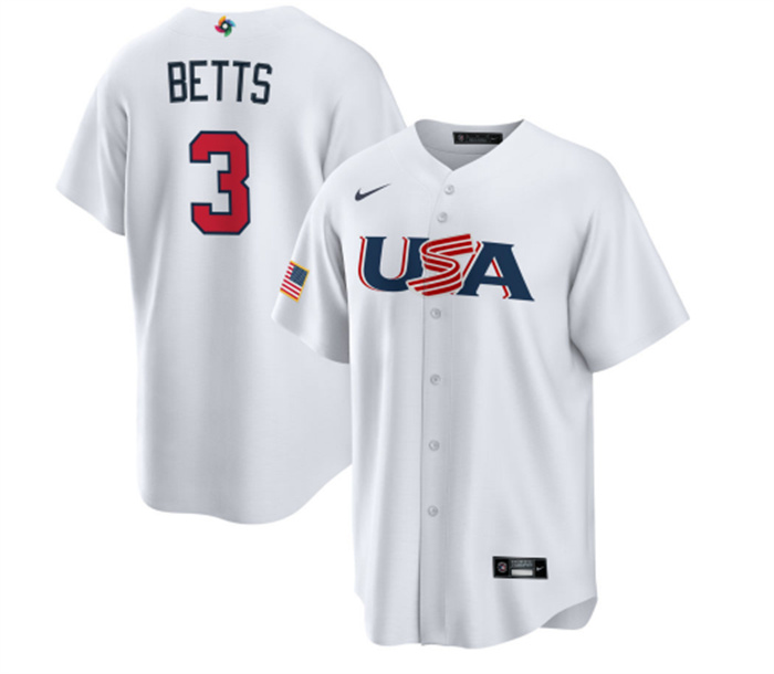 Men's USA Baseball #3 Mookie Betts 2023 White World Baseball Classic Replica Stitched Jersey