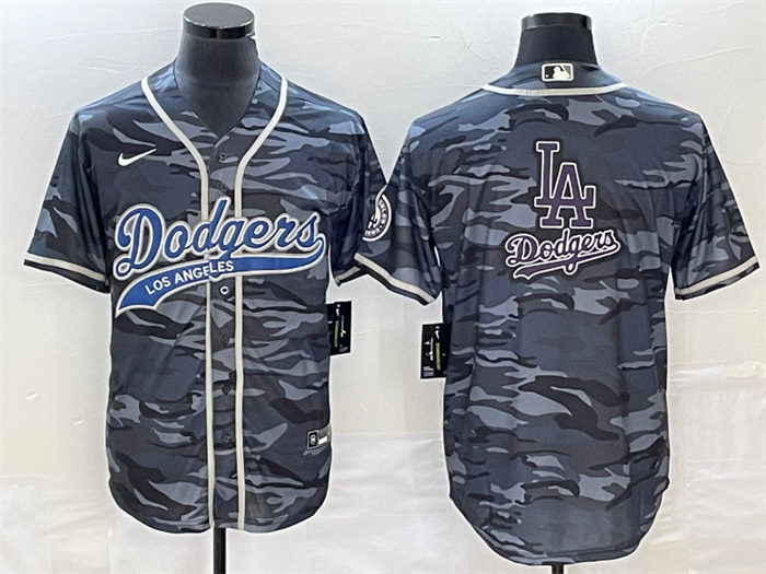 Men's Los Angeles Dodgers Gray Camo Team Big Logo Cool Base With Patch Stitched Baseball JerseyS