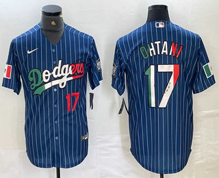 Men's Los Angeles Dodgers #17 Shohei Ohtani Number Mexico Blue Pinstripe Cool Base Stitched Jersey