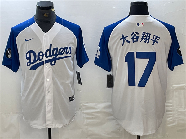 Men's Los Angeles Dodgers #17 大谷翔平 White Blue Vin Patch Cool Base Stitched Baseball Jersey