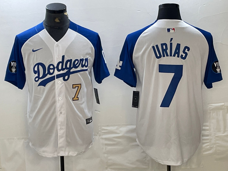 Men's Los Angeles Dodgers #7 Julio Urías White Blue Vin Patch Cool Base Stitched Baseball Jersey 4