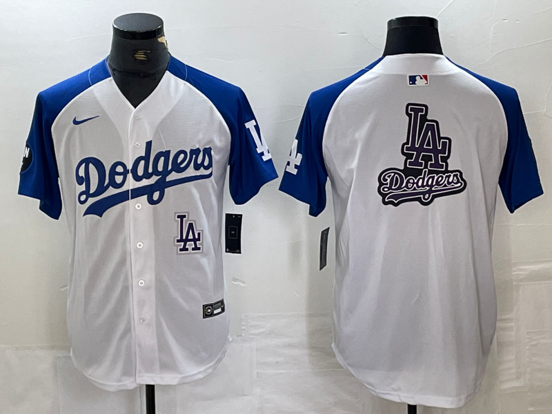 Men's Los Angeles Dodgers big logo White Blue Vin Patch Cool Base Stitched Baseball Jersey 9