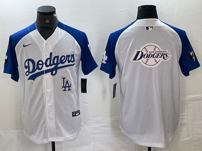 Men's Los Angeles Dodgers Big Logo White Blue Vin Patch Cool Base Stitched Baseball Jersey 5