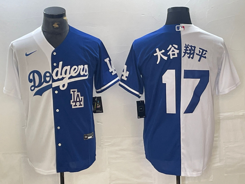 Men's Los Angeles Dodgers #17 大谷翔平 White Blue Split Cool Base Stitched Baseball Jersey 4