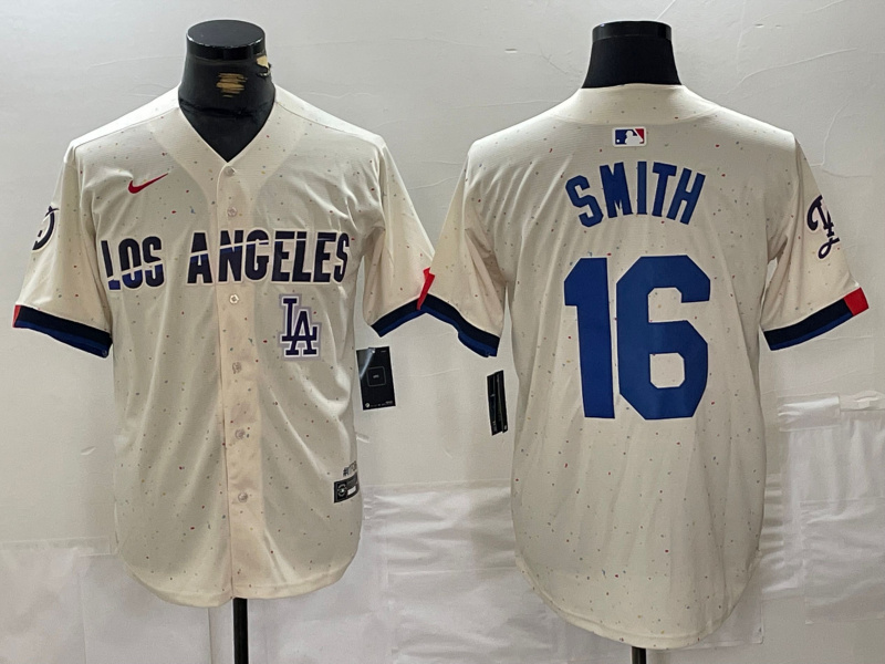 Men's Los Angeles Dodgers #16 Will Smith Cream Stitched Baseball Jersey 2