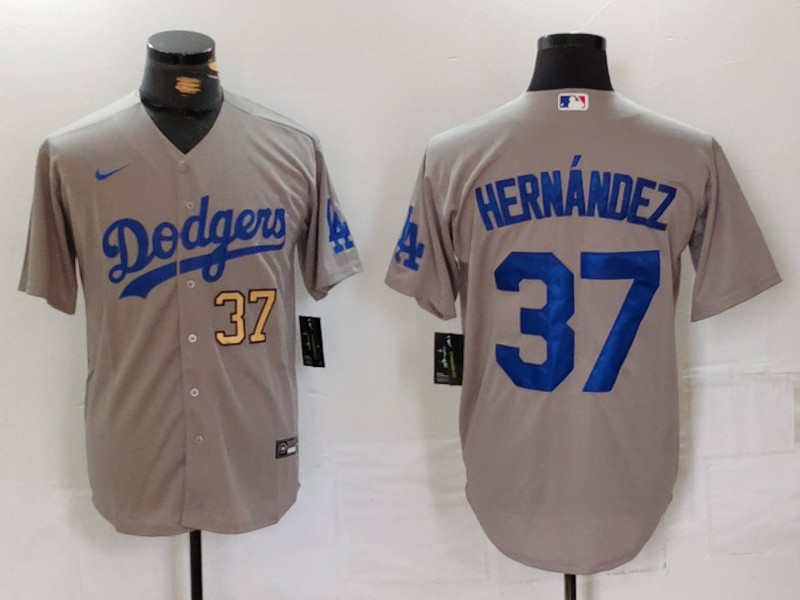 Men's Los Angeles Dodgers #37 Teoscar Hernández Grey Cool Base Stitched Baseball Jersey 3