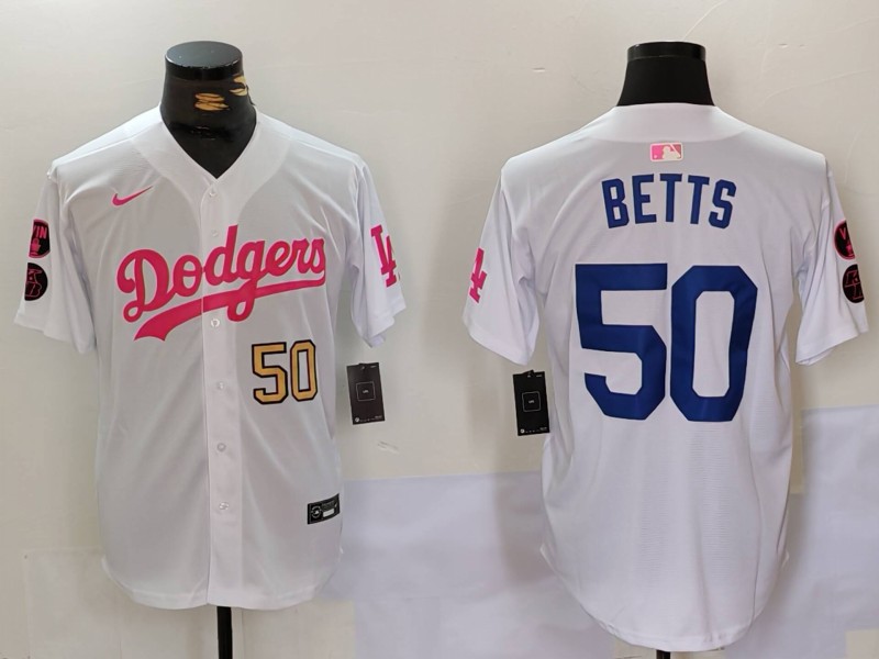 Men's Los Angeles Dodgers #50 Mookie Betts White Pink Vin & Kobe Patch Stitched Baseball Jersey 2