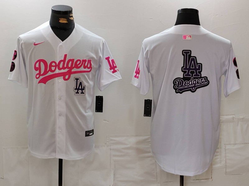 Men's Los Angeles Dodgers Team Big Logo White Pink Vin & Kobe Patch Stitched Baseball Jersey 004