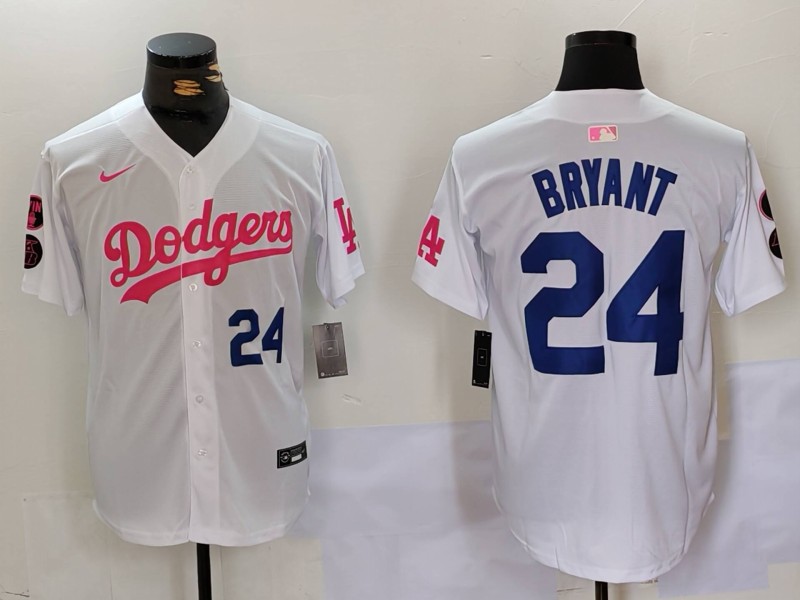 Men's Los Angeles Dodgers #24 Kobe Bryant White Pink Vin & Kobe Patch Stitched Baseball Jersey 9