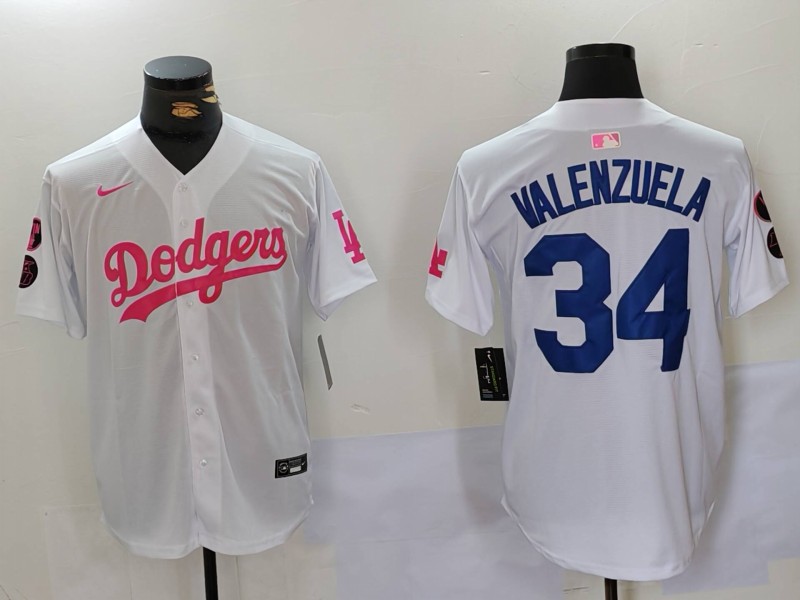 Men's Los Angeles Dodgers #34 Fernando Valenzuela White Pink Vin & Kobe Patch Stitched Baseball Jersey 7