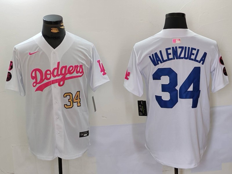 Men's Los Angeles Dodgers #34 Fernando Valenzuela White Pink Vin & Kobe Patch Stitched Baseball Jersey 2