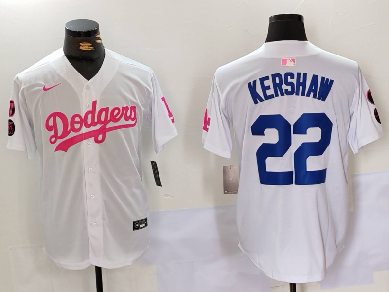 Men's Los Angeles Dodgers #22 Clayton Kershaw White Pink Vin & Kobe Patch Stitched Baseball Jersey 11