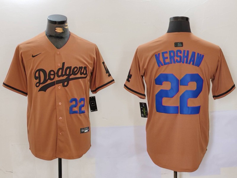 Men's Los Angeles Dodgers #22 22 Clayton Kershaw Brown Cool Base Stitched Baseball Jersey 2