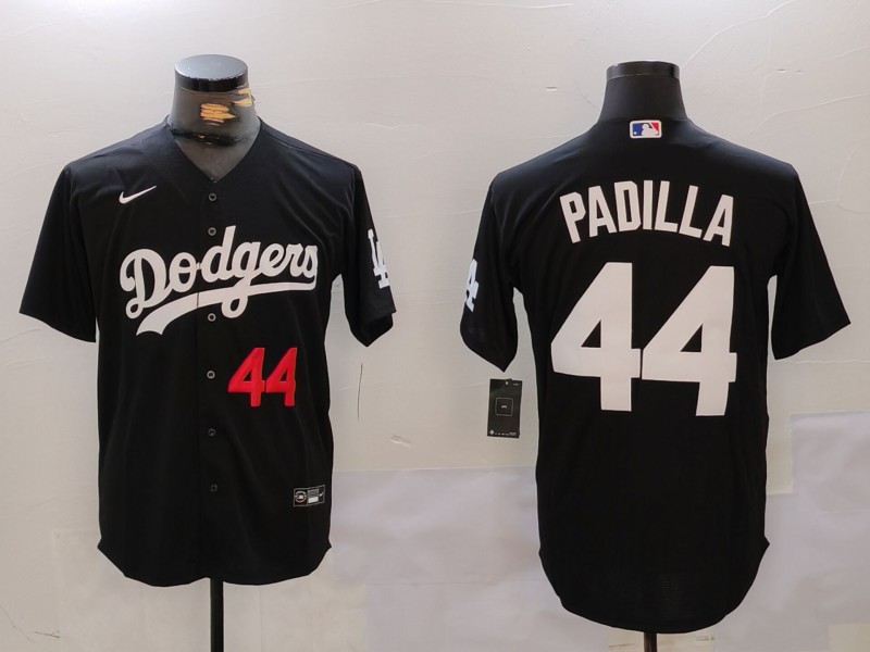 Men's Los Angeles Dodgers #44 Vicente Padilla Black Cool Base Stitched Baseball Jersey 1